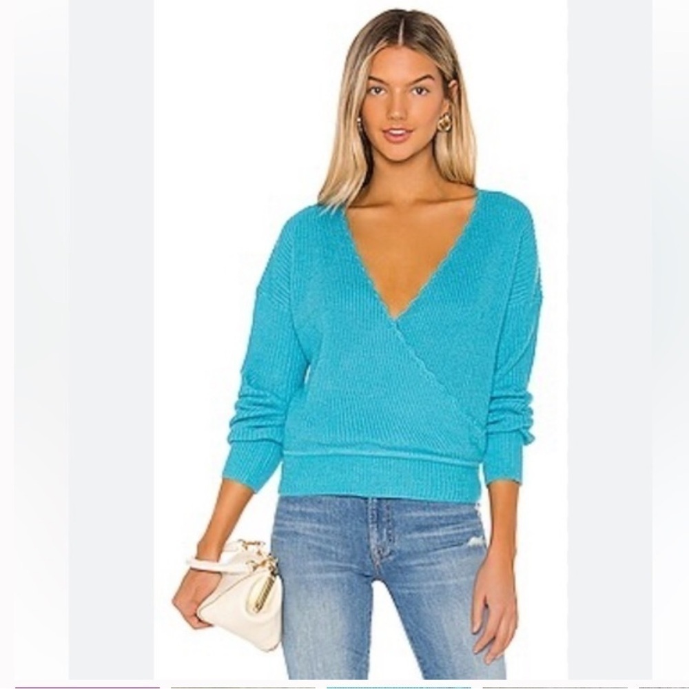 Majorelle X Revolve Norah Sweater Knit V Neck Faux Wrap Blue Sweater 💙Small NWT